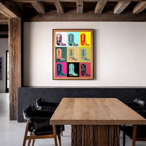 Leddy boots Warhol print by Betsy Crum framed in a rustic room with wood beams