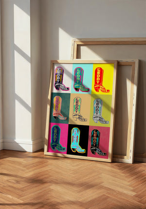 Leddy Boot Warhol cowboy boot art print by Betsy Crum — neutral frame room mockup