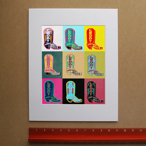 Leddy cowboy boot Warhol pop art print by Betsy Crum, hand-signed vertical fine art print