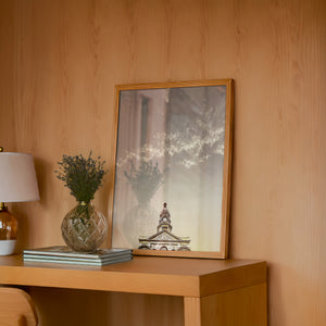Tarrant County Courthouse Fort Worth art print by Betsy Crum — framed in a wood-accent room