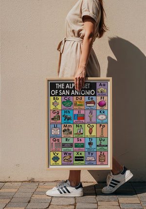 Alphabet of San Antonio art print by Betsy Crum — framed with velvet mat