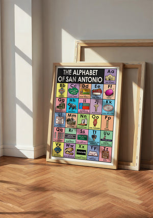 Alphabet of San Antonio art print by Betsy Crum — neutral frame room mockup