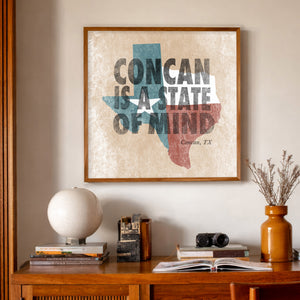 Concan State of Mind art print in a mid-century room — bold letterpress type over a weathered Texas flag by Betsy Crum. Square Texas Hill Country wall art, printed in Texas.