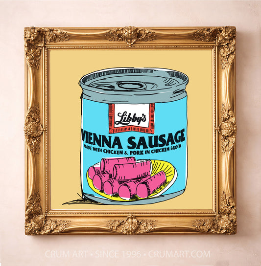 Vienna Sausage Weirdcore art print in a gold frame by Betsy Crum — square kitchen art from Crum Art, available at crumart.com. This museum quality print is made right here in Texas.