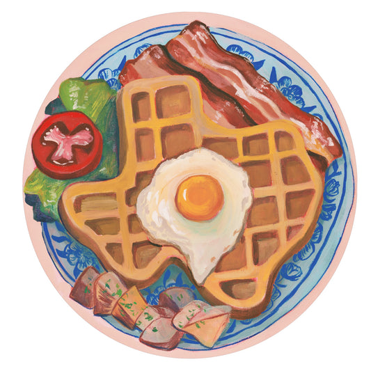 A Texas Breakfast original painting by Caya Crum — Texas-shaped waffle, fried egg and bacon on a blue-and-white plate, 12 inch round