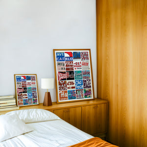 Alphabet of Austin Austin Art print by Betsy Crum — framed in a wood-accent room