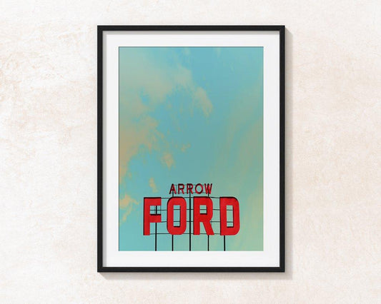 Abilene Art . Arrow Ford Abilene Texas sign against a blue West Texas sky museum print in black frame