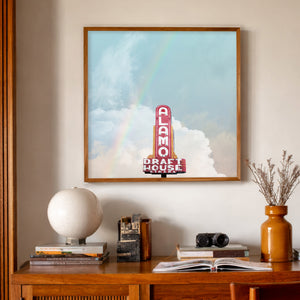 Alamo Drafthouse South Lamar Print by Betsy Crum, inspired by the beloved Austin sign, pastel sky color, and the memory of a city landmark tied to movies, neighborhood rituals, and old Austin affection, available at crumart.com. This museum quality print is made right here in Texas.