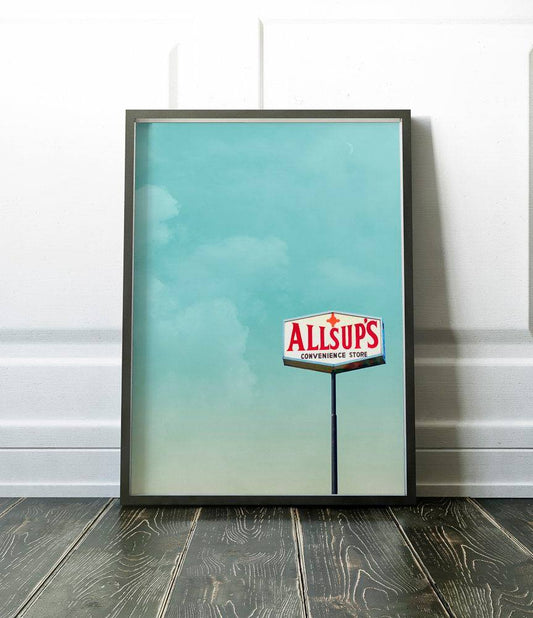 Allsups Art |  Framed art print of Allsup's convenience store sign leaning against a wall 