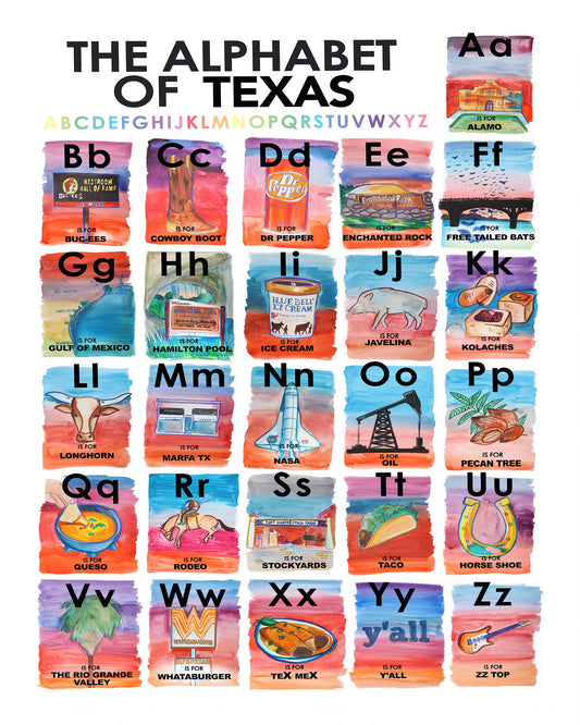 Alphabet of Texas Icons Art Print | Caya Crum Art