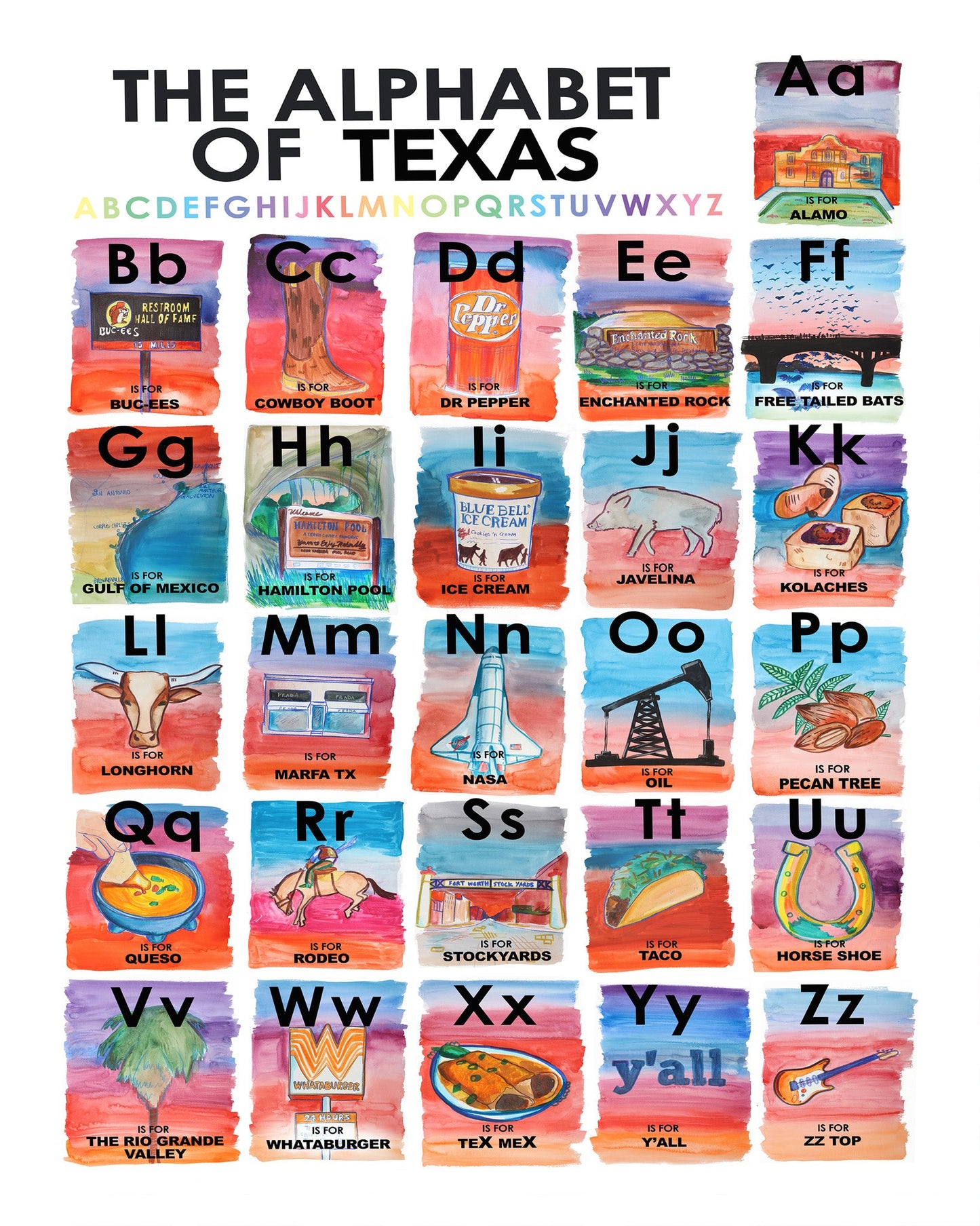 Alphabet of Texas Icons Art Print | Caya Crum Art Crum Art