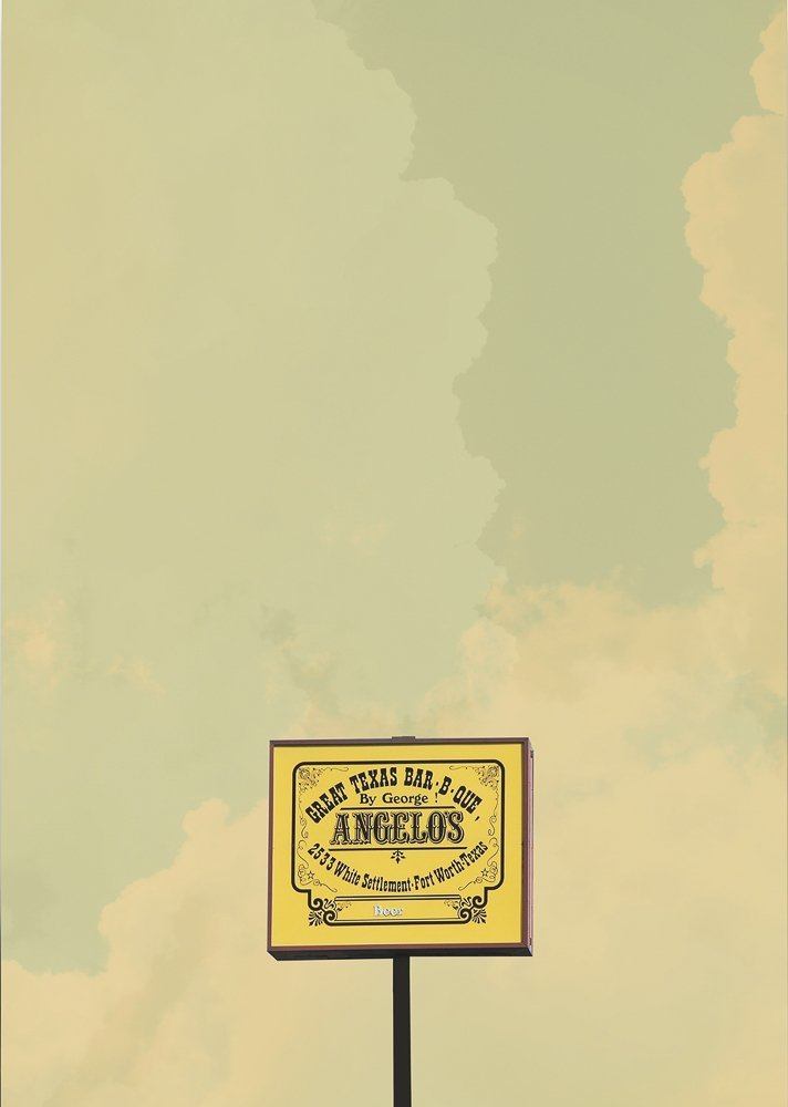 Angelos BBQ Art Print featuring vintage Texas BBQ sign on muted sky background