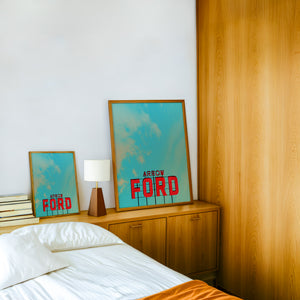 Arrow Ford Abilene Sign West Texas Art print by Betsy Crum — framed in a wood-accent room