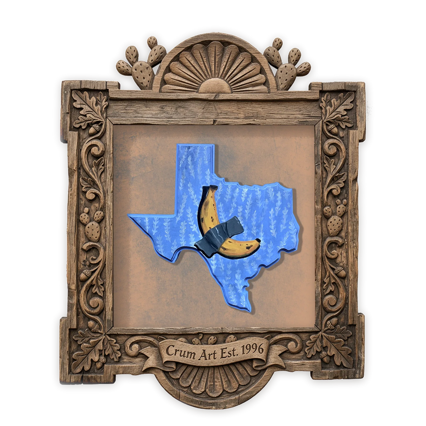 Banana Taped to Texas — Texas art print by Caya Crum in a square carved wood frame
