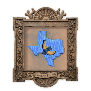 Banana Taped to Texas — Texas art print by Caya Crum in a square carved wood frame