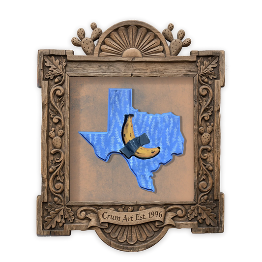 Banana Taped to Texas — Texas art print by Caya Crum in a square carved wood frame