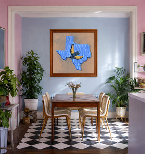 Banana Taped to Texas print framed in a grandmillennial room by Caya Crum — funny Texas wall art from Crum Art, made in Fort Worth.
