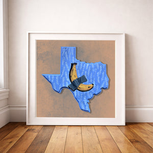 Banana Taped to Texas print framed in a modern living room by Caya Crum — funny Texas wall art from Crum Art, made in Fort Worth.