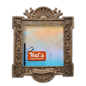Hut's Hamburgers — Austin art print by Betsy Crum in a square carved wood frame