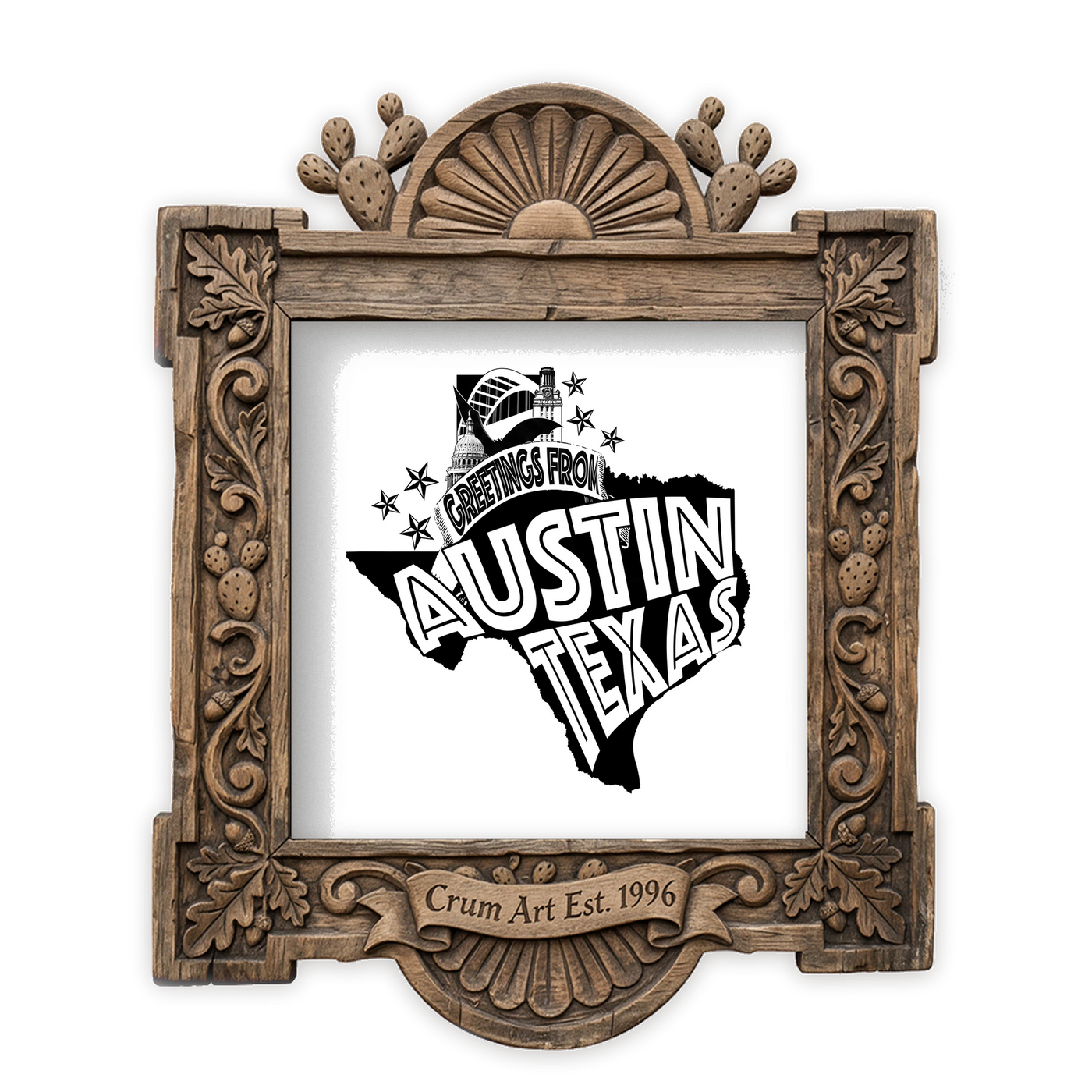 Austin Art | Greetings From Austin Print | Carl Crum — art print in a carved wood frame, Crum Art