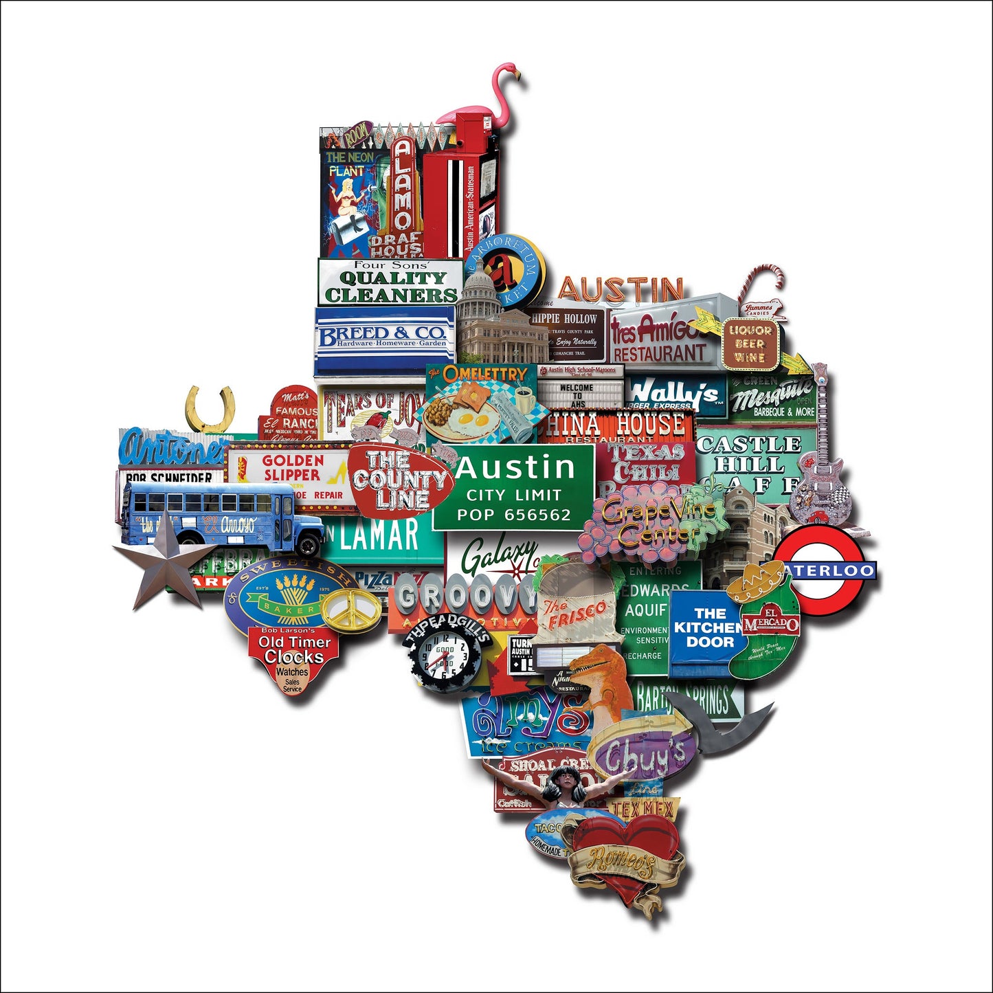 Austin Texas Photomontage Print Texas Shape | Old Neon, Signs and Landmarks Carl Crum Art Crum Art