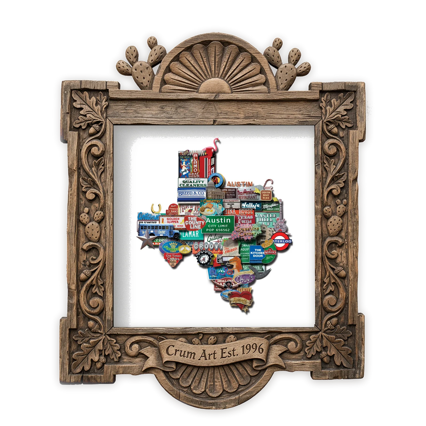 Austin Art | Texas Shaped Photomontage | Betsy Crum — art print in a carved wood frame, Crum Art