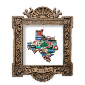 Austin Art | Texas Shaped Photomontage | Betsy Crum — art print in a carved wood frame, Crum Art
