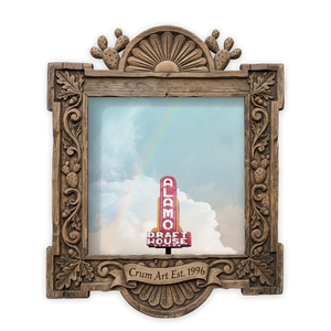Alamo Drafthouse — Austin art print by Betsy Crum in a square carved wood frame