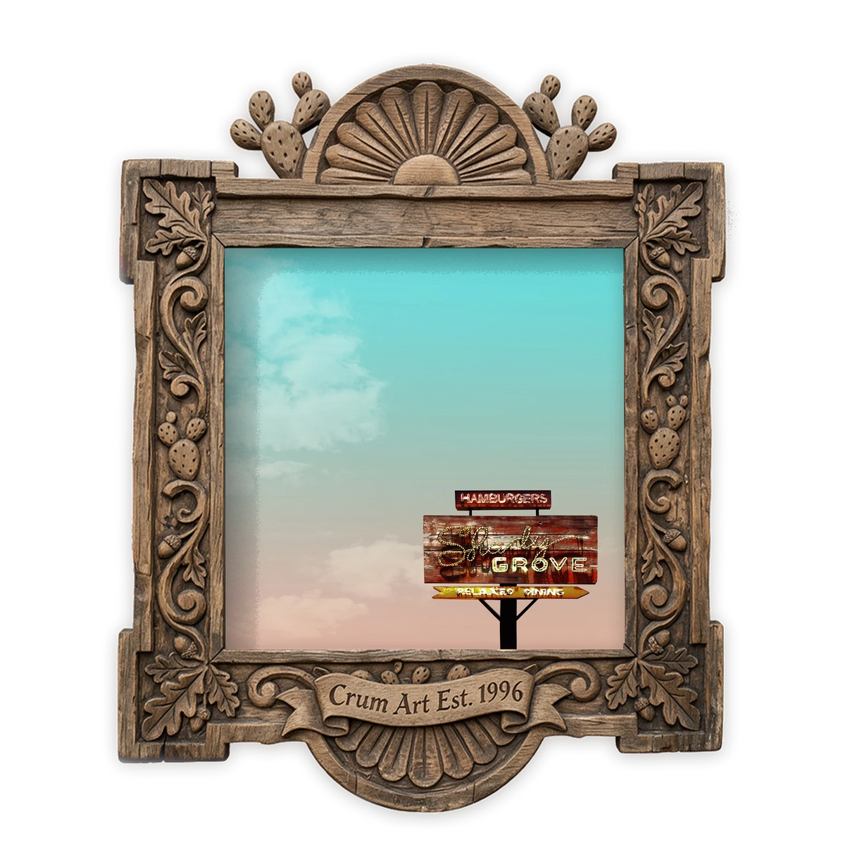 Shady Grove — Austin art print by Betsy Crum in a square carved wood frame