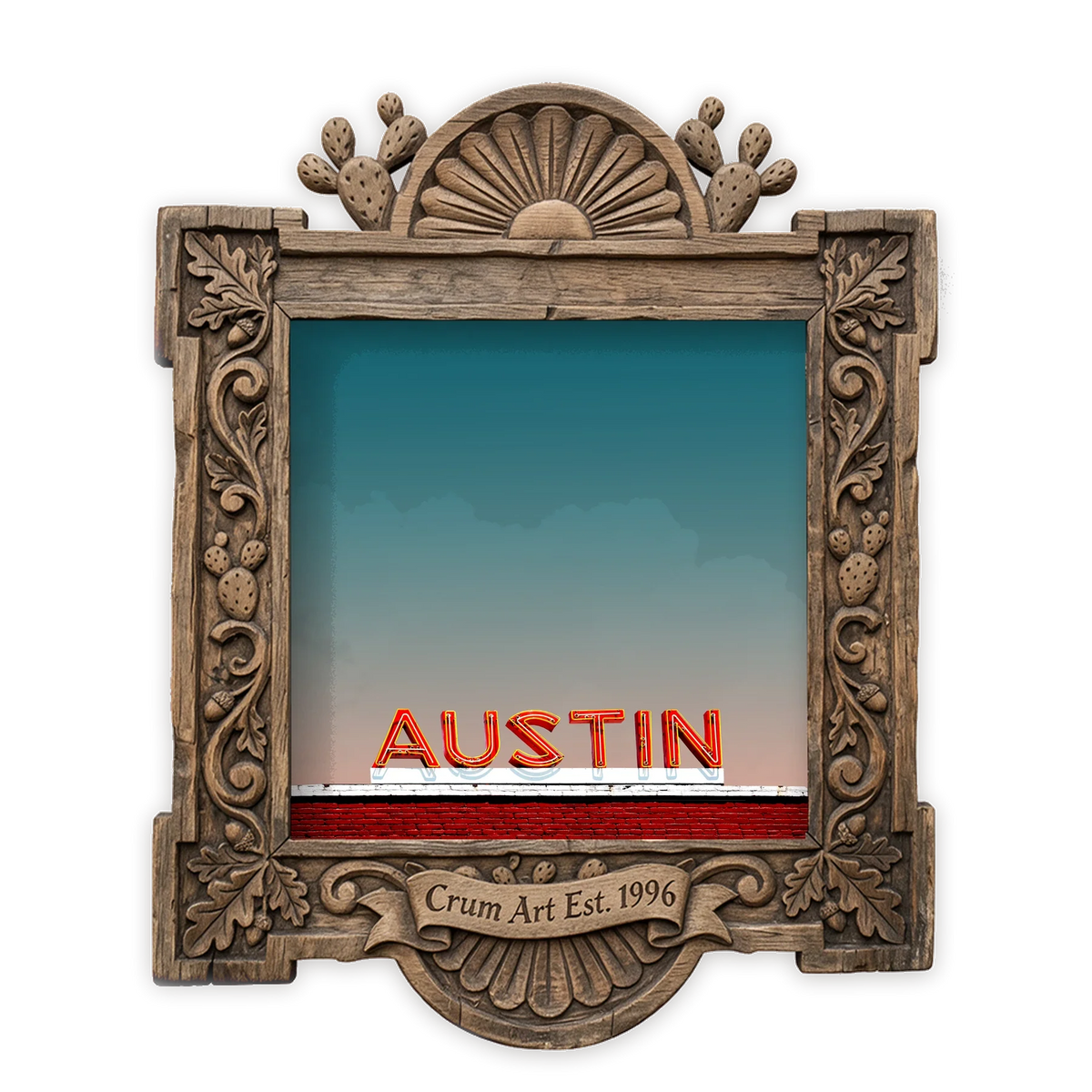 Neon Sign — Austin art print by Betsy Crum in a square carved wood frame