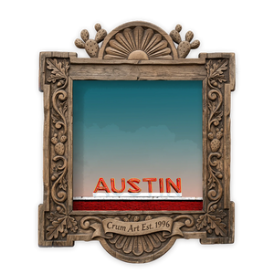 Neon Sign — Austin art print by Betsy Crum in a square carved wood frame