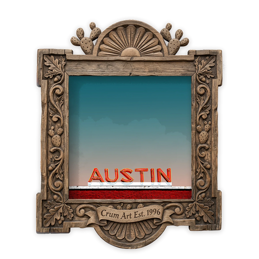 Neon Sign — Austin art print by Betsy Crum in a square carved wood frame