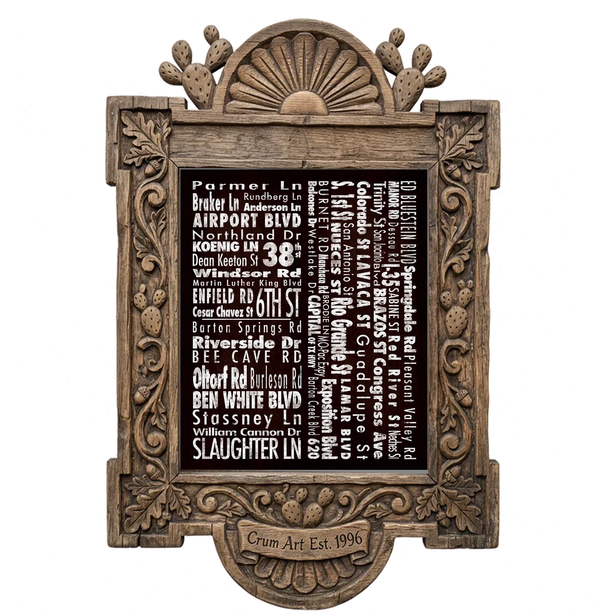 Streets NSEW — Austin art print by Carl Crum in a carved wood frame