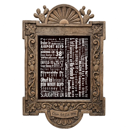 Streets NSEW — Austin art print by Carl Crum in a carved wood frame