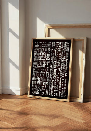 Travel Poster Austin print by Betsy Crum — neutral frame room mockup