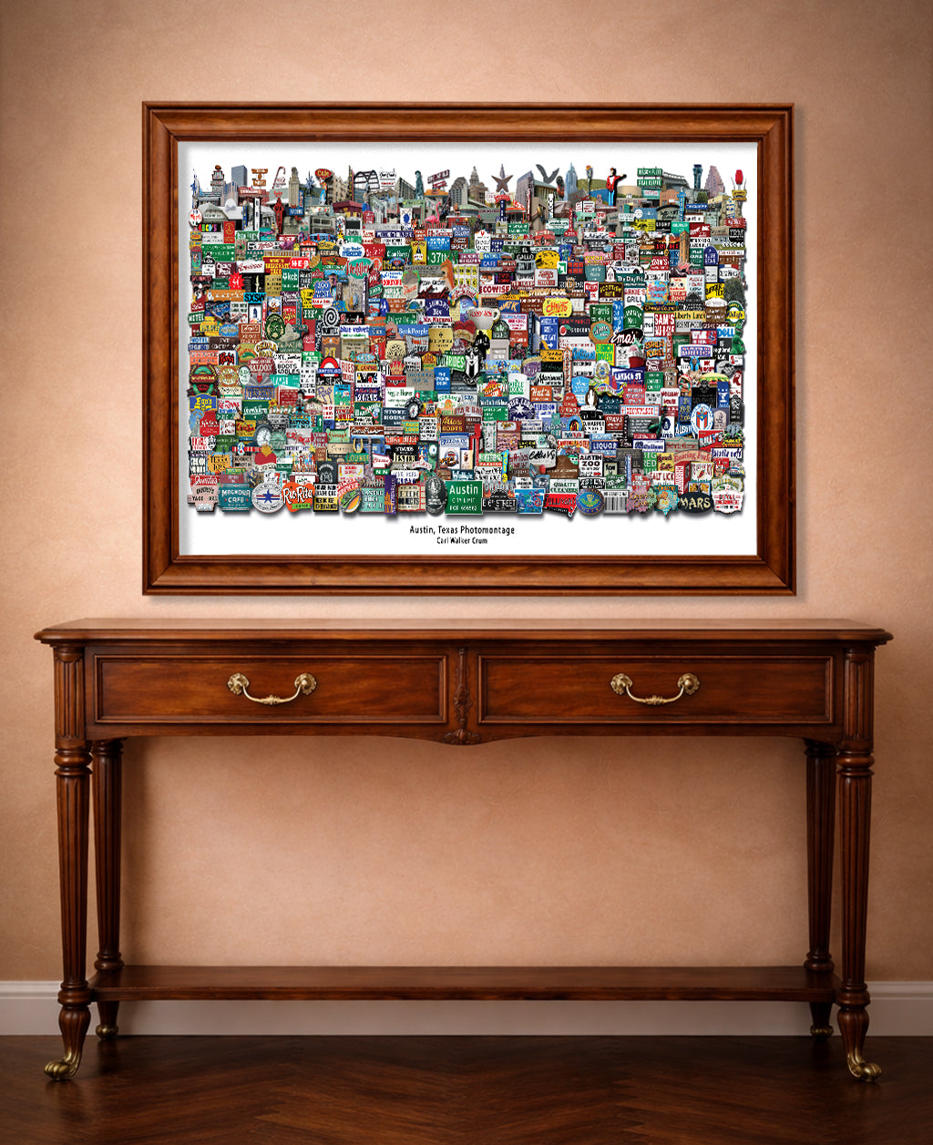 Old Austin signs photomontage print by Carl Crum in a wood frame, horizontal