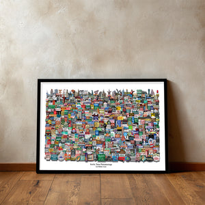 Old Austin signs photomontage by Carl Crum framed in a western styled room