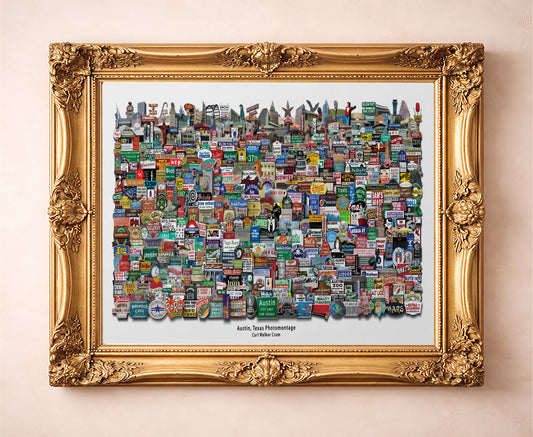 Old Austin signs photomontage print by Carl Crum in a gold frame