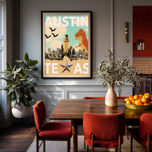 Austin travel poster print by Betsy Crum framed in a dining room