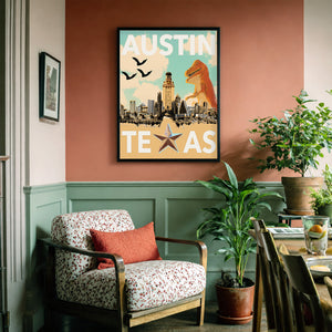 Austin travel poster print by Betsy Crum in a soft neutral corner