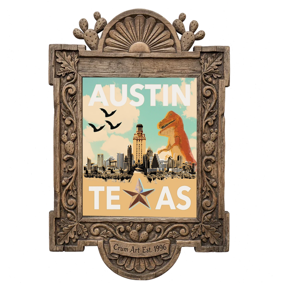 Travel Poster — Austin art print by Betsy Crum in a carved wood frame