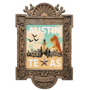 Travel Poster — Austin art print by Betsy Crum in a carved wood frame