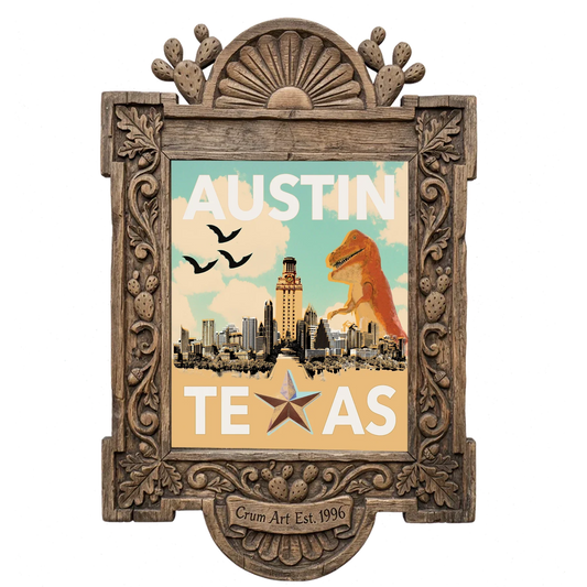 Travel Poster — Austin art print by Betsy Crum in a carved wood frame
