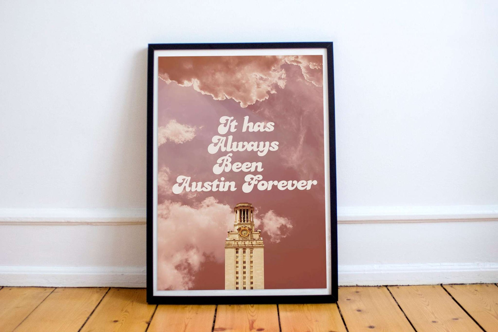 Austin Forever Texas wall art print by Betsy Crum with vintage clock tower and clouds on cotton rag paper