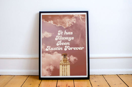 Austin Forever Texas wall art print by Betsy Crum with vintage clock tower and clouds on cotton rag paper
