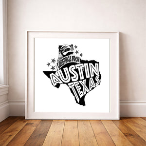 Greetings From Austin print by Carl Crum framed in a modern room
