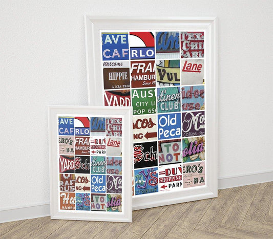 Austin art print featuring vintage neon signs collage in white frame by Crum Art