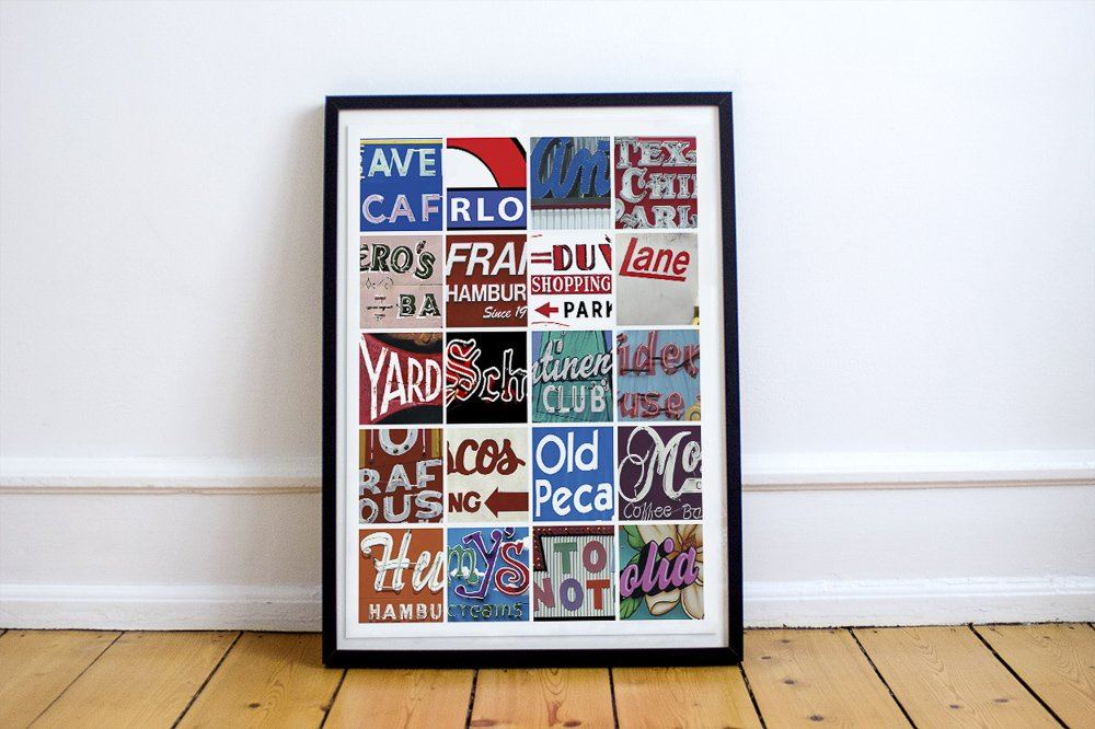 Austin Art Print.  Austin Texas wall art vintage neon signs grid layout framed print home decor