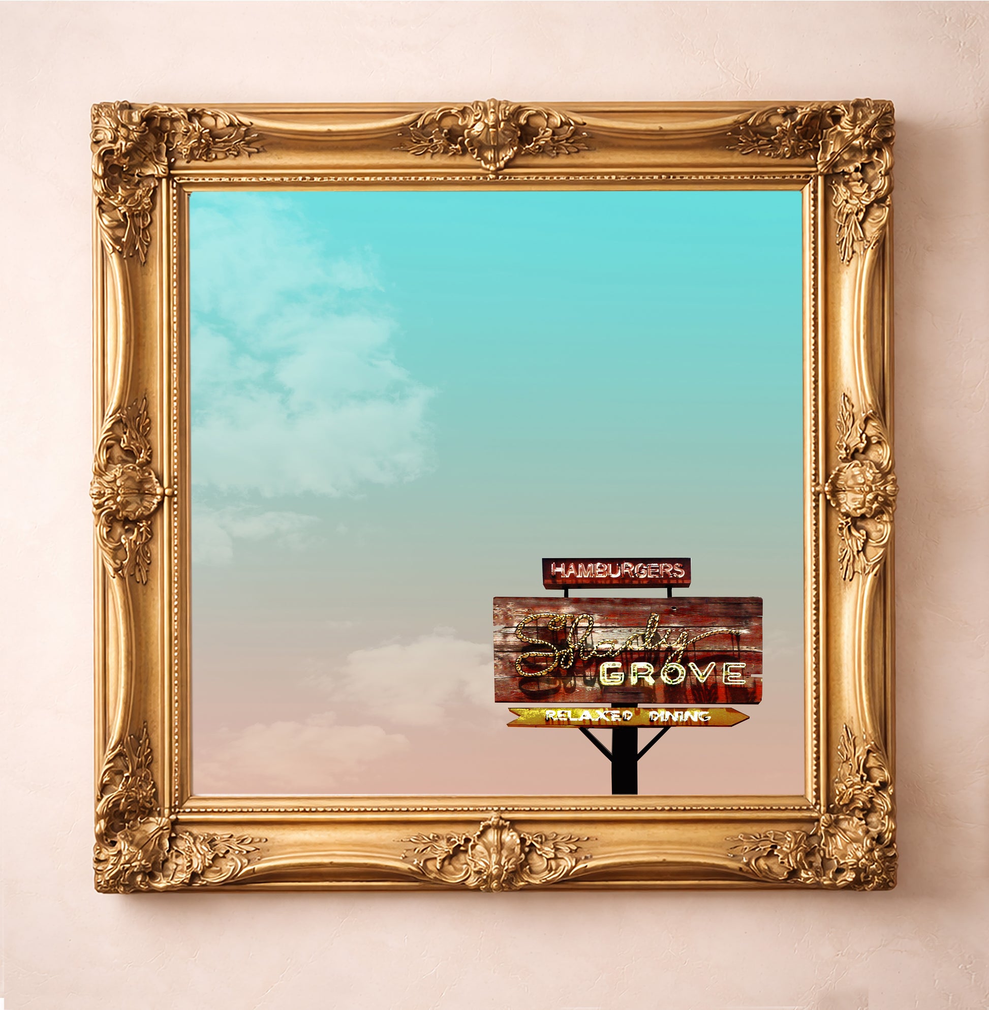 Austin Art Shady Grove Barton Springs Sign Print, an archival art print inspired by old Austin nostalgia, the beloved Shady Grove sign on Barton Springs, and the kind of local memories made over chili cheese fries and big Texas skies, available at crumart.com. This museum quality print is made right here in Texas. Artist Betsy Crum