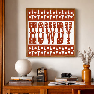 Texas Howdy Burnt Orange Art Print by Betsy Crum, a matted archival art print in a gold frame inspired by Austin spirit, Texas howdy charm, and bold UT burnt orange style, available at crumart.com. This museum quality print is made right here in Texas and would look right at home in the office of a recent UT Law grad.